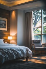 Obraz premium Bedroom with a bed, chair, and window. The room is well lit and has a cozy atmosphere