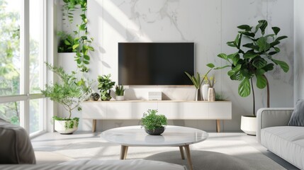 Bright living room with many potted plants and modern furniture.