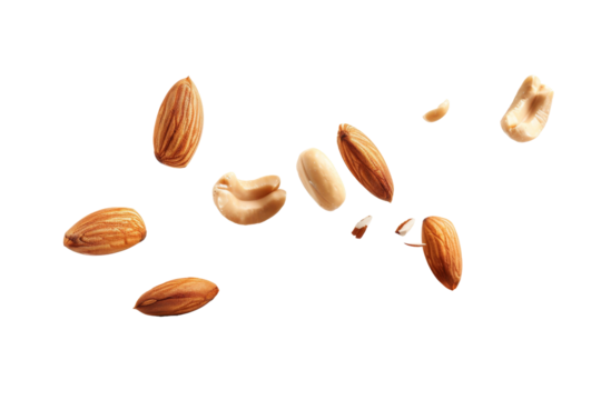Almonds, cashews, and peanuts floating in mid air isolated on transparent background.