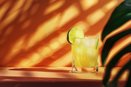 A glass of lime-flavored tequila margarita on a table, set against the backdrop of palm fronds. - Powered by Adobe