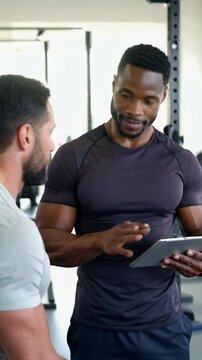 vertical video of Personal African american trainer explaining workout plan on tablet to client in gym