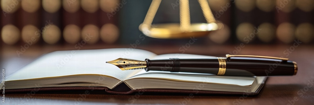 Poster luxurious fountain pen with gold accents beside an open notebook on a wooden desk in a sophisticated