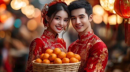 Happy Couple In Traditional Red Clothing Holding Oranges