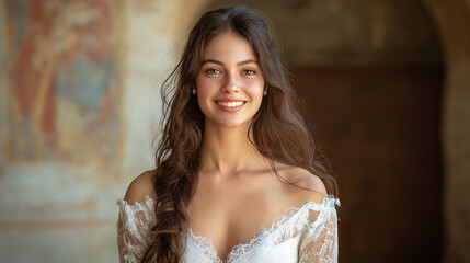 Fototapeta premium Bride smiling joyfully historical venue portrait image warm atmosphere close-up view beauty