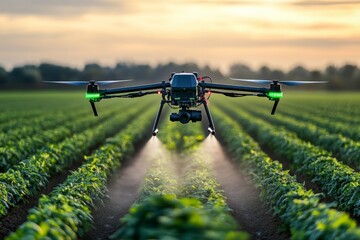 A state-of-the-art multi-rotor drone sprays fields with precision, synergizing technology and agriculture to meet modern challenges sustainably and innovatively.