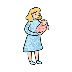 Vector Colorful Cartoon Illustration of a Woman with a Newborn Isolated on White Background