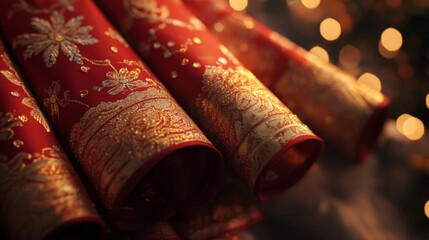 Red Fabric Rolls with Gold Embroidered Detailing