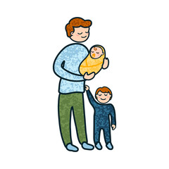 Vector Colorful Cartoon Illustration of a Man with a Newborn and a Child Isolated on White Background
