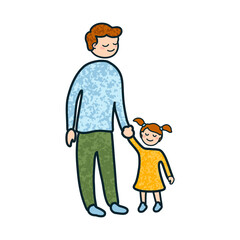 Vector Colorful Cartoon Illustration of a Man with a Daughter Isolated on White Background