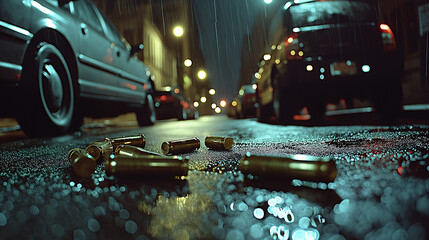 Gunfire incident in rainy urban street bullet casings on ground night time city view