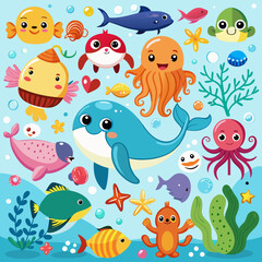 Cute Cartoon Sea Creatures: Colorful Underwater Animals