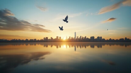 Obraz premium Serene Sunset Over Urban Skyline Reflected in Calm Water with Flying Birds and Vibrant Colors Enhancing the Tranquility of City Life at Dusk