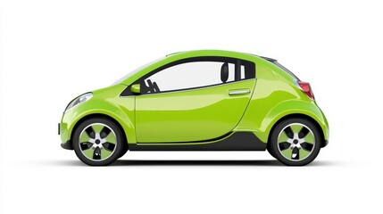 A compact electric car with vibrant green accents, isolated on a white background,