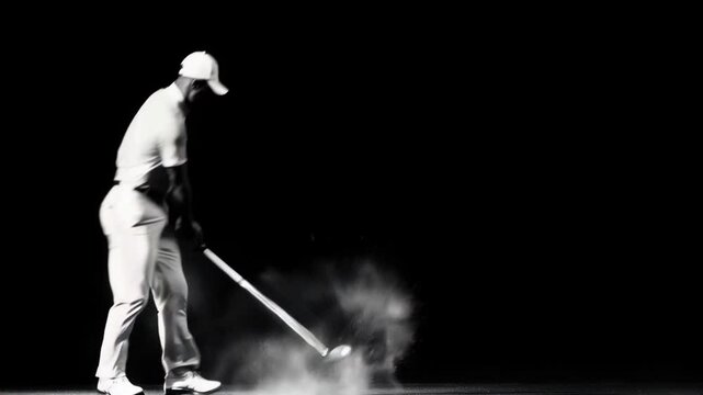 Professional golfer demonstrating precise golf swing, hitting ball with powerful technique against stark black background