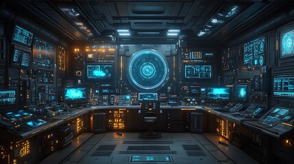 Futuristic spaceship bridge control room interior with glowing screens and consoles.