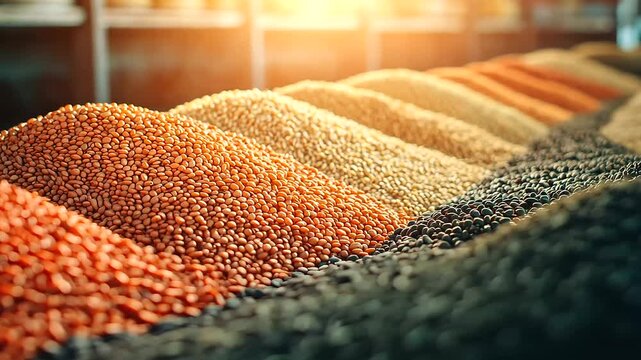 A macro shot of colorful legumes and grains, focusing on the textures and details of each type, with sunlight streaming in for a fresh feel