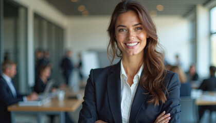 Successful beautiful woman smiling confidently in a modern office setting