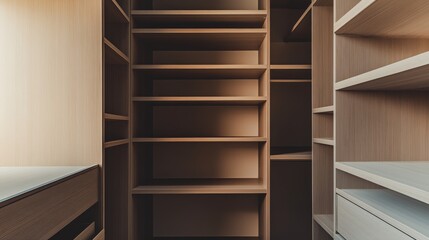 Elegant minimalist storage closet with minimal shelves. Featuring a clean, open design with contemporary lines