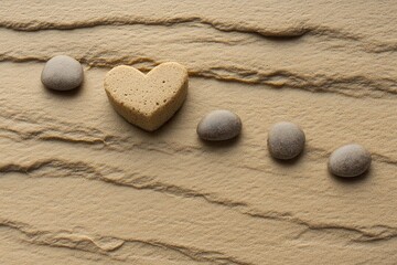 Obraz premium Heart-Shaped Rock and Pebbles on Sandy Beach - Serenity and Balance in Nature