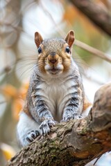 Obraz premium Squirrel sitting on branch, staring straight ahead, blurred leaves background.