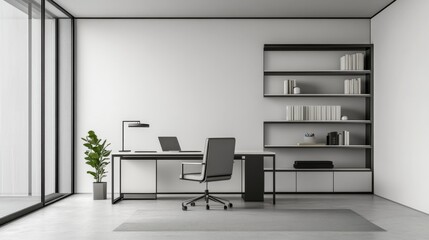 Fototapeta premium Elegant minimalist study area with minimal furnishings. Featuring a clean, open design with sleek lines