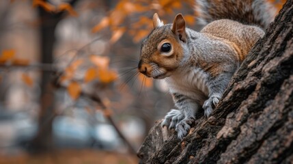 Obraz premium Squirrel climbs tree, autumn leaves blurred background.