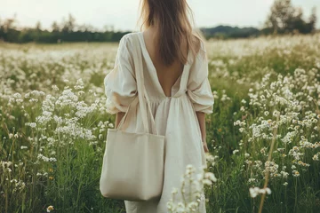 Sustainable Fashion Photo of a young woman wearing an elegant linen dress, standing in a field of wildflowers with a reusable tote bag, soft natural light highlighting the fabric’s texture 