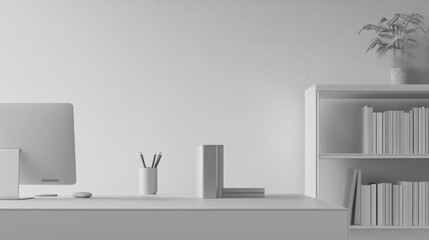 Elegant minimalist study with minimal furnishings. Featuring a clean, open layout with modern lines