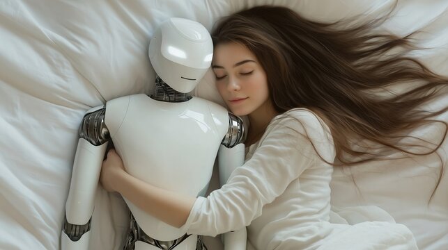 Woman sleeping and hugging humanoid robot in bed - Powered by Adobe