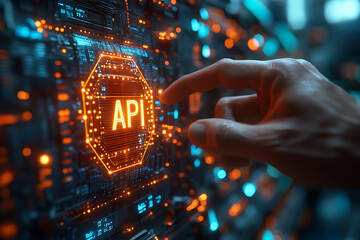  modern concept of API (Application Programming Interface) showing a person holding a glowing holographic API  interface, symbolizing innovation, connectivity, and technology integration