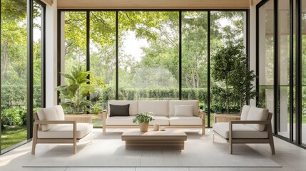 Elegant minimalist sunroom with minimal decor. Featuring a clean, open design with contemporary lines