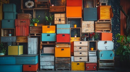Colorful vintage storage boxes arranged in a rustic setting