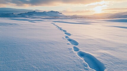 An uplifting motivational quote surrounded by a snowy landscape, with footprints leading into the distance, encouraging exploration and positivity.