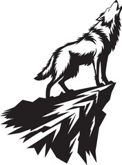 A vector silhouette of a lone wolf standing on a jagged cliff howling towards the sky, silhouette of a wolf
