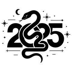 Fototapeta premium modern minimalist illustration of a snake intertwined with the year 2025, surrounded by celestial elements like stars and a crescent moon, perfect for new year or zodiac themes