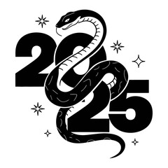 Fototapeta premium elegant black and white illustration of a snake wrapped around the year 2025, featuring minimalist stars and celestial elements, ideal for zodiac, astrology, or new year designs