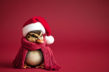 Adorable duckling in Santa hat and scarf on red winter background.