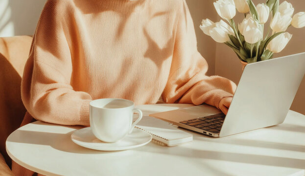 Woman freelance working on laptop with coffee and tulips, minimalist style, warm tones