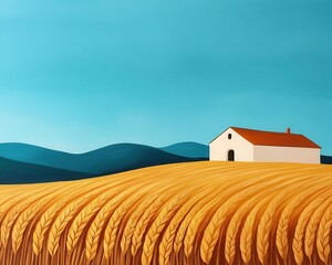 Italian countryside in acrylics, golden wheat fields stretching towards a rustic farmhouse under a clear summer sky