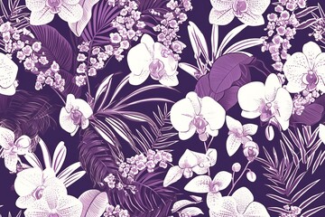 A vibrant floral pattern featuring purple orchids and lush green foliage set against a dark background.