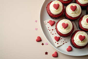 Valentine's Day still life, a plate of red velvet cupcakes topped with cream cheese frosting and tiny edible heart decorations, arranged alongside a vintage greeting card and scattered confetti 