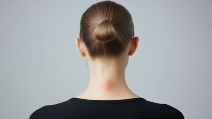 Female Portrait from Behind with Neat Bun Hairstyle and Visible Skin Mark on Neck, Simple Background Emphasizing Hair and Skin Texture