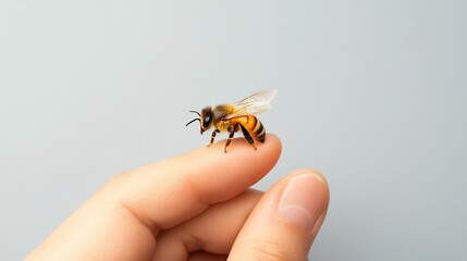Close-up of a Hand Gently Holding a Bee on a Light Gray Background, Highlighting the Beauty and Intricacy of Nature’s Pollinators in a Tranquil Setting