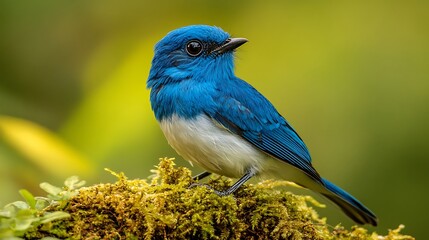 Obraz premium A vibrant blue and white bird perches on a mossy branch, with a blurred green background.