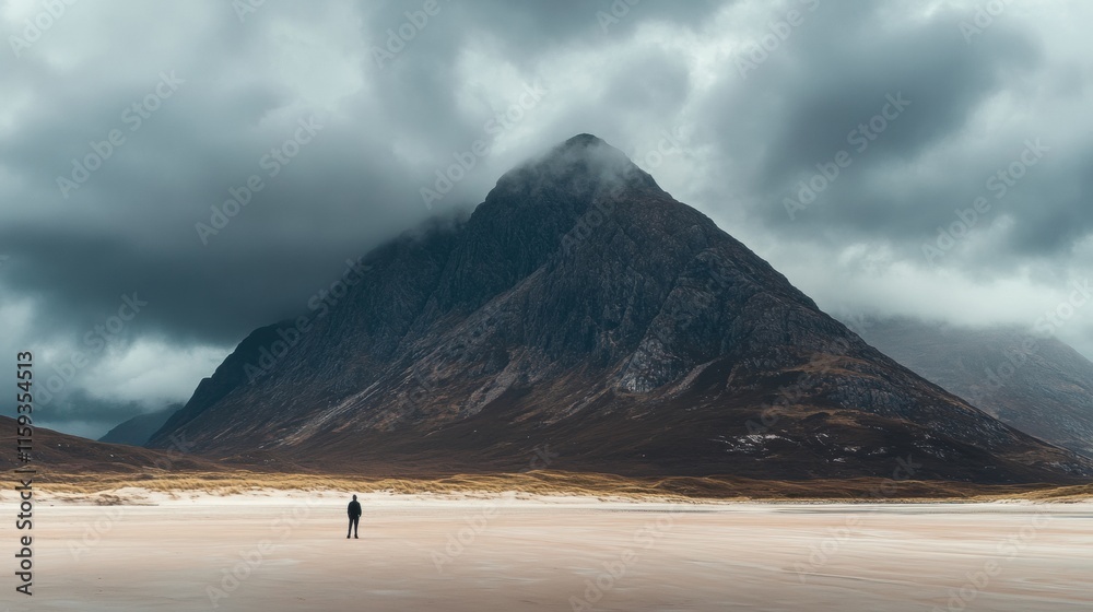 Aufkleber lonely figure at the base of a towering mountain under moody skies in a remote landscape. generative
