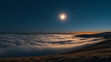 Night Sky Moonlit Mountainscape Above Cloudscape