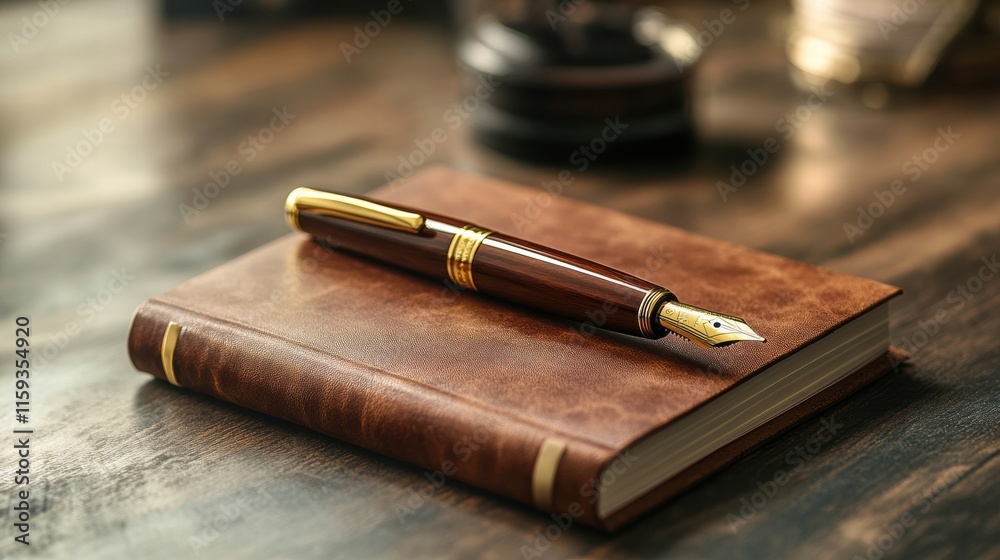 Poster luxury fountain pen with gold accents resting on a beautiful leather bound notebook in an elegant wo