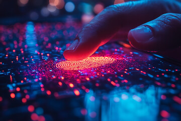 a hand pressing a smartphone screen to scan their fingerprint, with a glowing authentication graphic displayed on the device