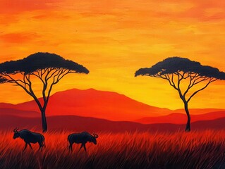 African savanna at sunset in acrylics, warm oranges and silhouettes of acacia trees and grazing animals