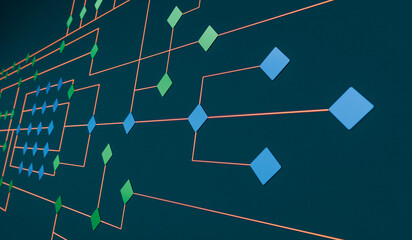 Node tree, concept, industrial process, decission, connection. Lines direction, connected with green and blue squares, network.